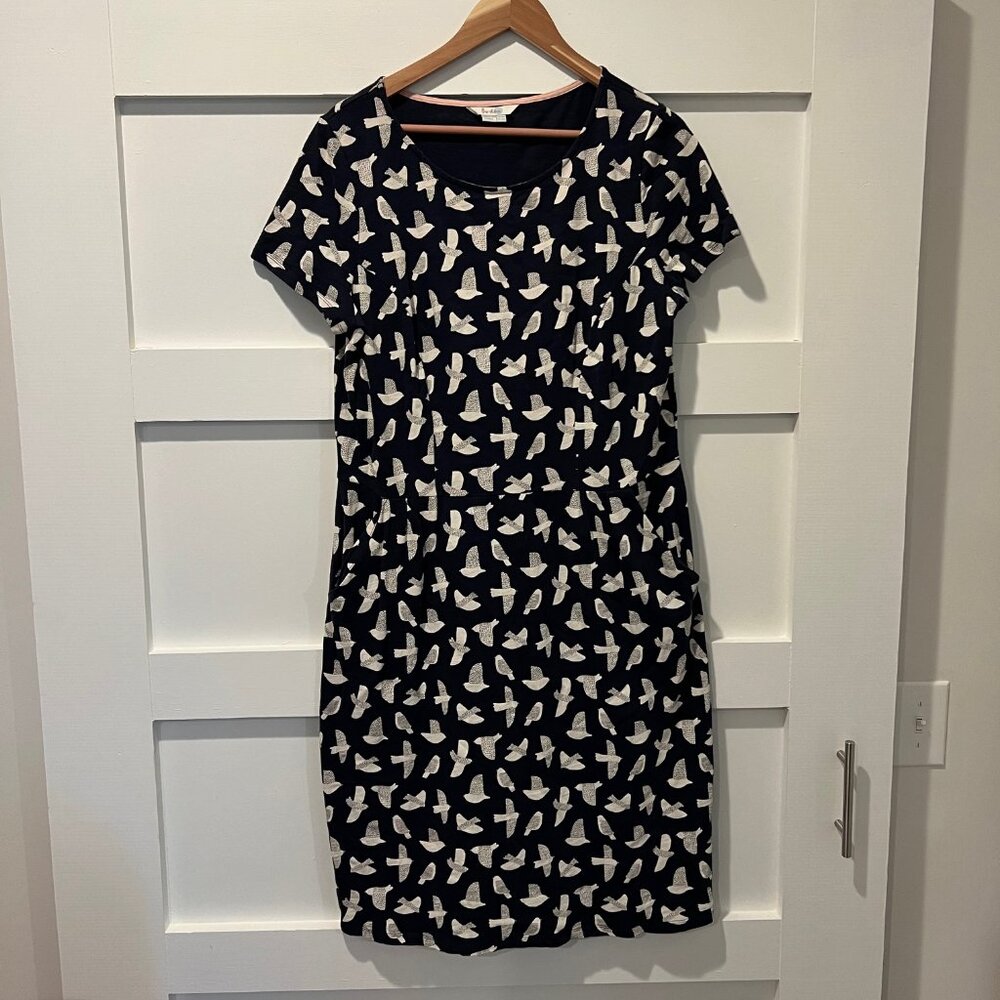 BODEN // Phoebe Cotton A-line Bird Print Navy Dress Sz 12R
